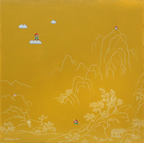 modern and contemporary yellow painting - line style landscape - game super mario - Un-known world No.6 ( Original ) di Jia Yuan Hua, Pittura in vendita su Singulart