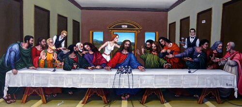 "The Last Supper - Press Conference" di Grigor Velev, Pittura in vendita su Singulart
