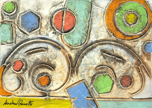 I gemelli, 2008, cm 13 x 18, oil and coffee on canvas Andrea Benetti