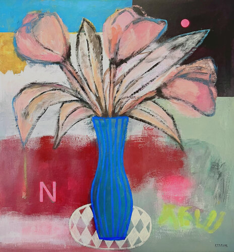 Blue Vase With Flowers di Joejene C. Santos, Pittura in vendita su Singulart