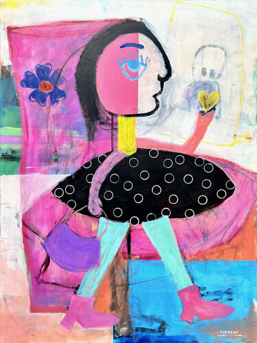 Her Pink Shoes and Purple Bag van Joejene C. Santos, Schilderij te koop op Singulart