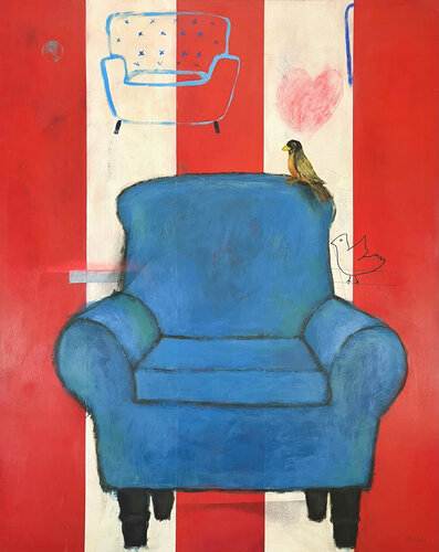 A Blue Chair And A Bird di Joejene C. Santos, Pittura in vendita su Singulart