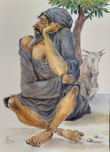A monk and its goat di Giorgi Rurua, Pittura in vendita su Singulart