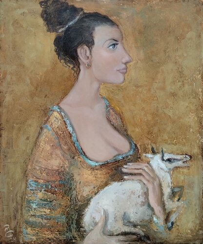 Woman with gazelle di Giorgi Rurua, Pittura in vendita su Singulart