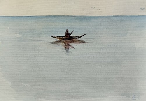 Boatman and a lake di Giorgi Rurua, Pittura in vendita su Singulart