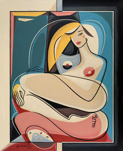 the artist easel with his muse van Bernard Simunovic, Schilderij te koop op Singulart