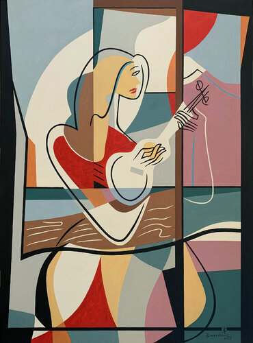 Harmonious Rhapsody: The Woman and Her Ukulele par Bernard Simunovic, Peinture en vente sur Singulart