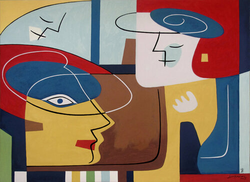 La dame au chapeau bleu van Bernard Simunovic, Schilderij te koop op Singulart