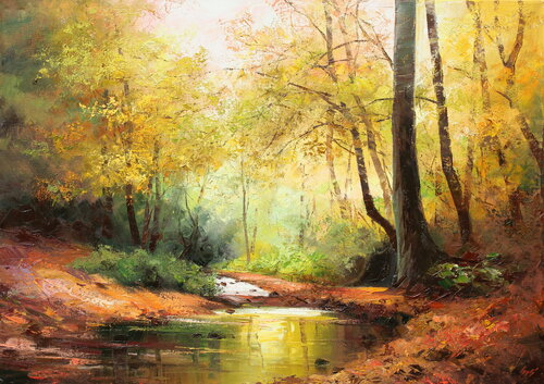 Stream in the autumn forest van Éva Szakács, Schilderij te koop op Singulart