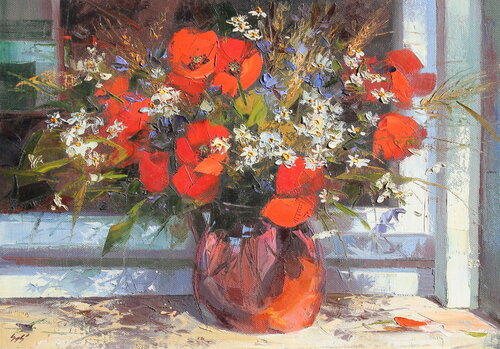 Poppies in the window von Éva Szakács, Malerei kaufen auf Singulart