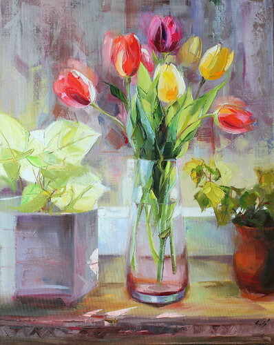 February tulips par Éva Szakács, Peinture en vente sur Singulart