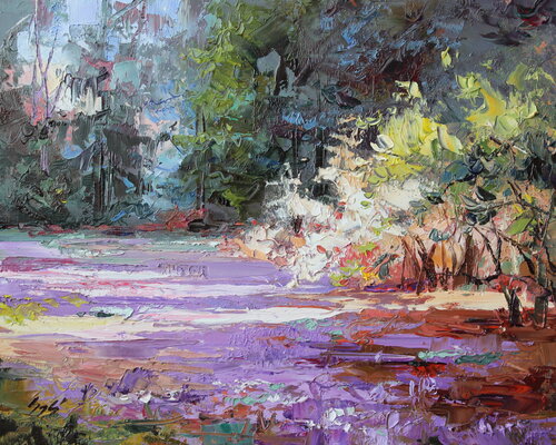 Crocuses in Kámon par Éva Szakács, Peinture en vente sur Singulart