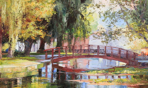 Bridge and water mirror par Éva Szakács, Peinture en vente sur Singulart