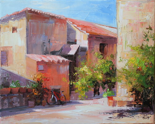 Pomegranate trees in Pienza di Éva Szakács, Pittura in vendita su Singulart