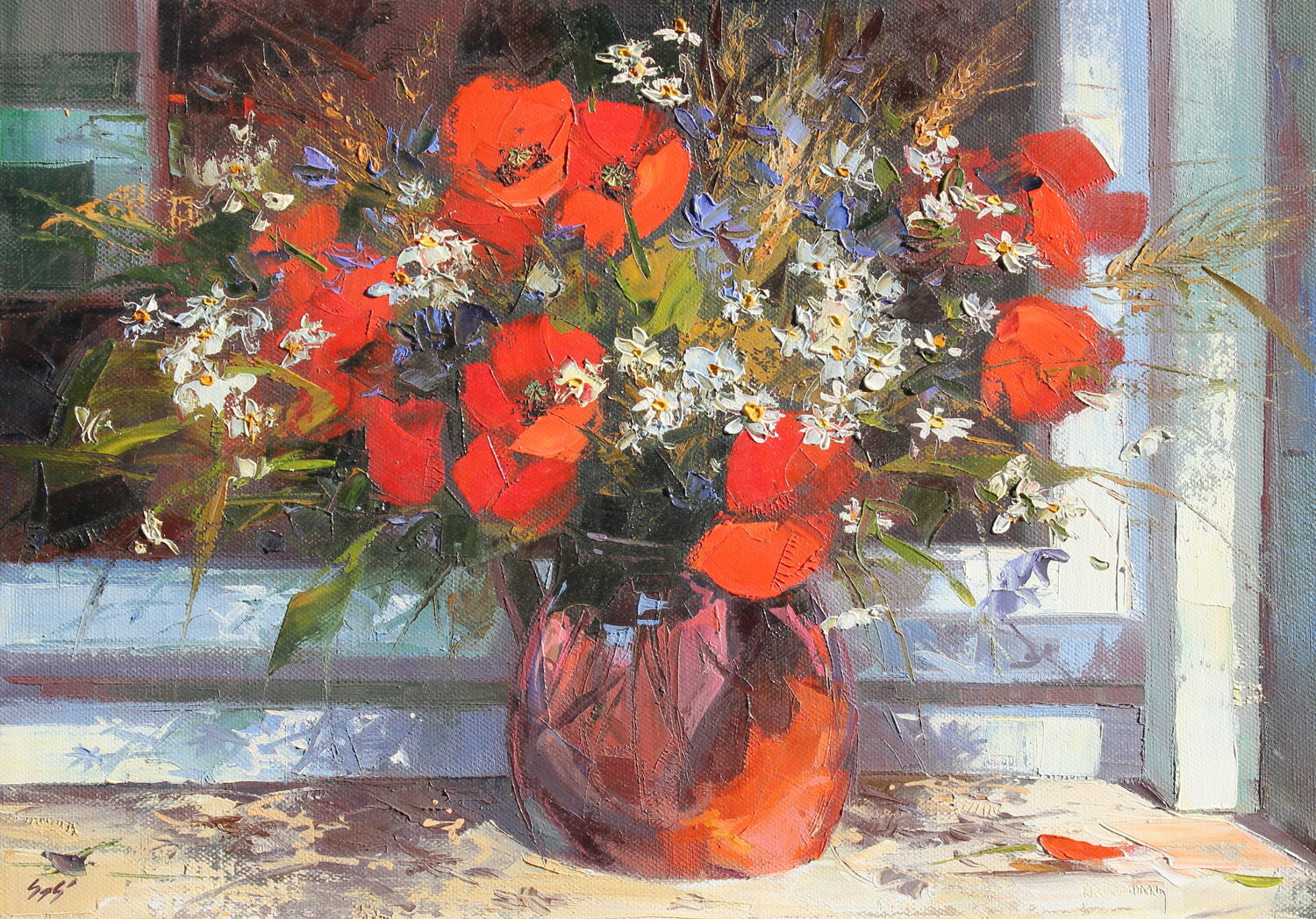 Poppies in the window Éva Szakács Originalgemälde zu verkaufen