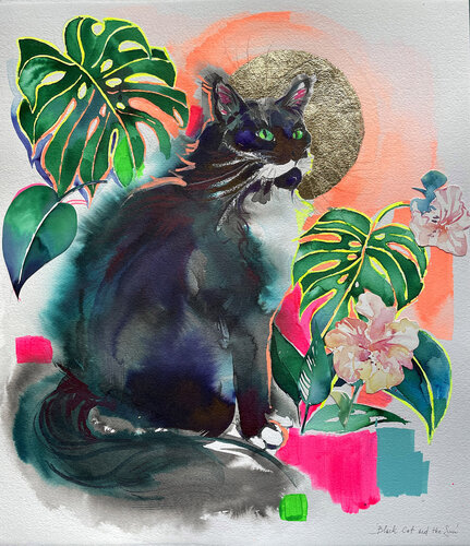Black Cat and the Sun van Joanna Pilarczyk, Schilderij te koop op Singulart