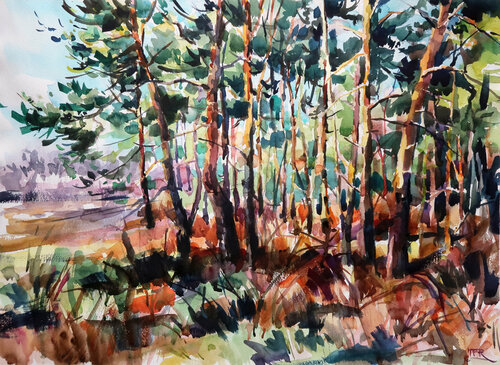 Forest in the afternoon light van Joanna Pilarczyk, Werk op papier te koop op Singulart