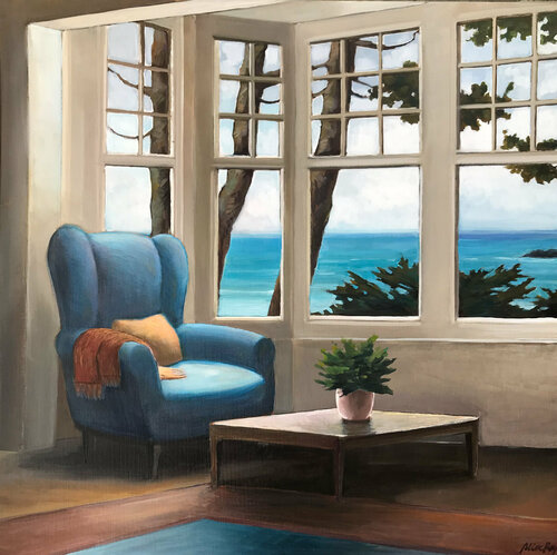 Le fauteuil bleu avec vue sur la mer by Alice Roy, Painting for Sale on Singulart