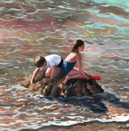 Enfants sur un château de sable by Alice Roy, Painting for Sale on Singulart