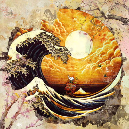 Snoopy  La Grande Vague Dore. by Benny Arte, Print for Sale on Singulart