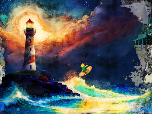 Winnie l'Ourson : Surf sur les Vagues de Lumière von Benny Arte, Druck kaufen auf Singulart