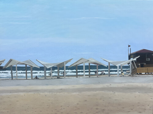 Herzliya Beach with white shades von Zohar Flax, Malerei kaufen auf Singulart