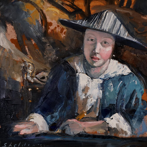 Girl with a Flute (after Vermeer) di David Sheldon, Pittura in vendita su Singulart