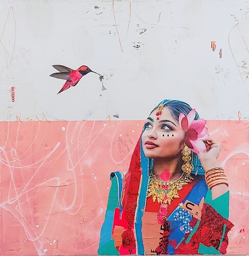 L'indienne et le colibri van Maryline Lemaitre, Schilderij te koop op Singulart