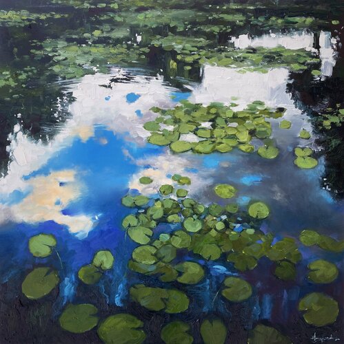 Water lilies pond -impasto original oil painting by Artem Grunyka van Artem Grunyka, Schilderij te koop op Singulart
