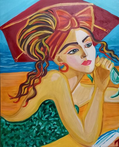 la fille au parasol rouge par Zigou, Peinture en vente sur Singulart