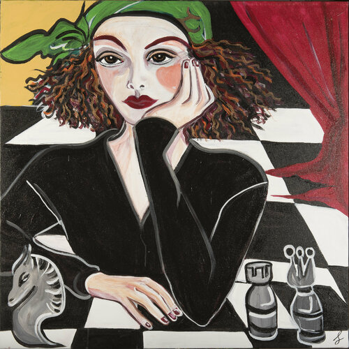 Joueuse d'echecs au foulard par Zigou, Peinture en vente sur Singulart