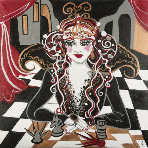 la reine  à la table du jeu le jeu d'echecs by Zigou, Painting for Sale on Singulart