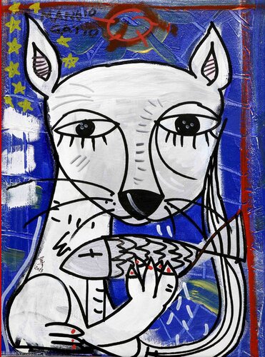 Gatto che mangia una sarda van Alessandro Siviglia, Schilderij te koop op Singulart