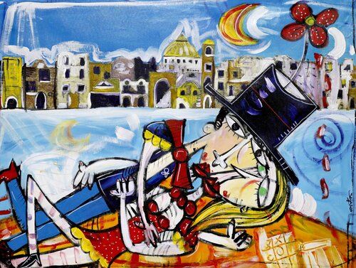 Bacio con Vista Costiera Amalfitana van Alessandro Siviglia, Schilderij te koop op Singulart