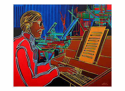 the pianist in the red blouse di Dek, Stampa in vendita su Singulart