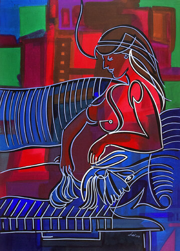 nú sobre sofá listrado par Dek, Peinture en vente sur Singulart
