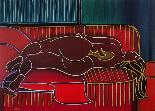 nú de costas sobre sofá listrado 02 de Dek, Pintura a la venta en Singulart