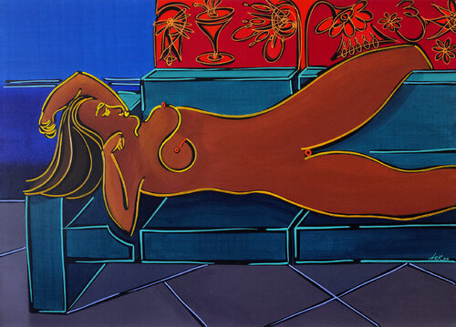 nude with flowery curtain di Dek, Pittura in vendita su Singulart