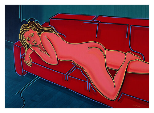 Nú sobre sofá vermelho de Dek, Impresión a la venta en Singulart