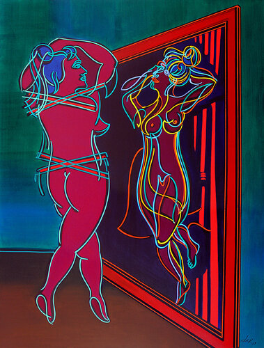 naked woman in front of the mirror di Dek, Pittura in vendita su Singulart