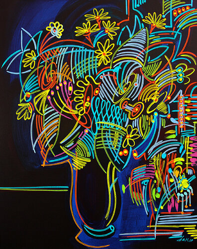 vase with small yellow flowers de Dek, Pintura a la venta en Singulart