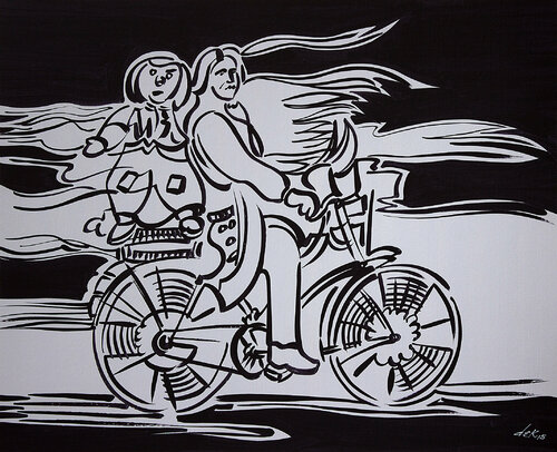 ventriloquist riding a bicycle di Dek, Pittura in vendita su Singulart