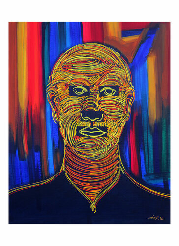 face on colored curtain van Dek, Digitaal te koop op Singulart