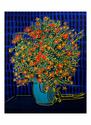 blue vase with red flowers de Dek, Impresión a la venta en Singulart