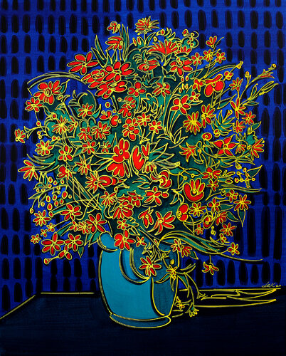 blue vase with red flowers von Dek, Malerei kaufen auf Singulart