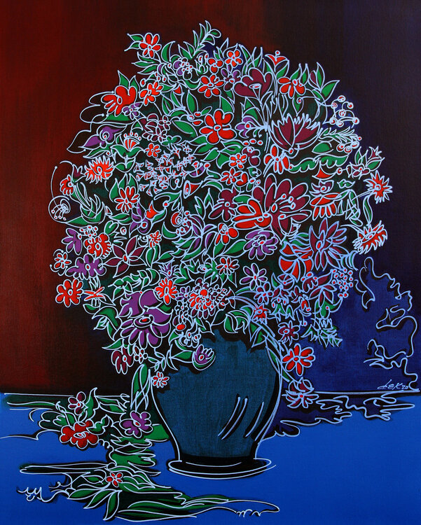 vase on blue table Dek