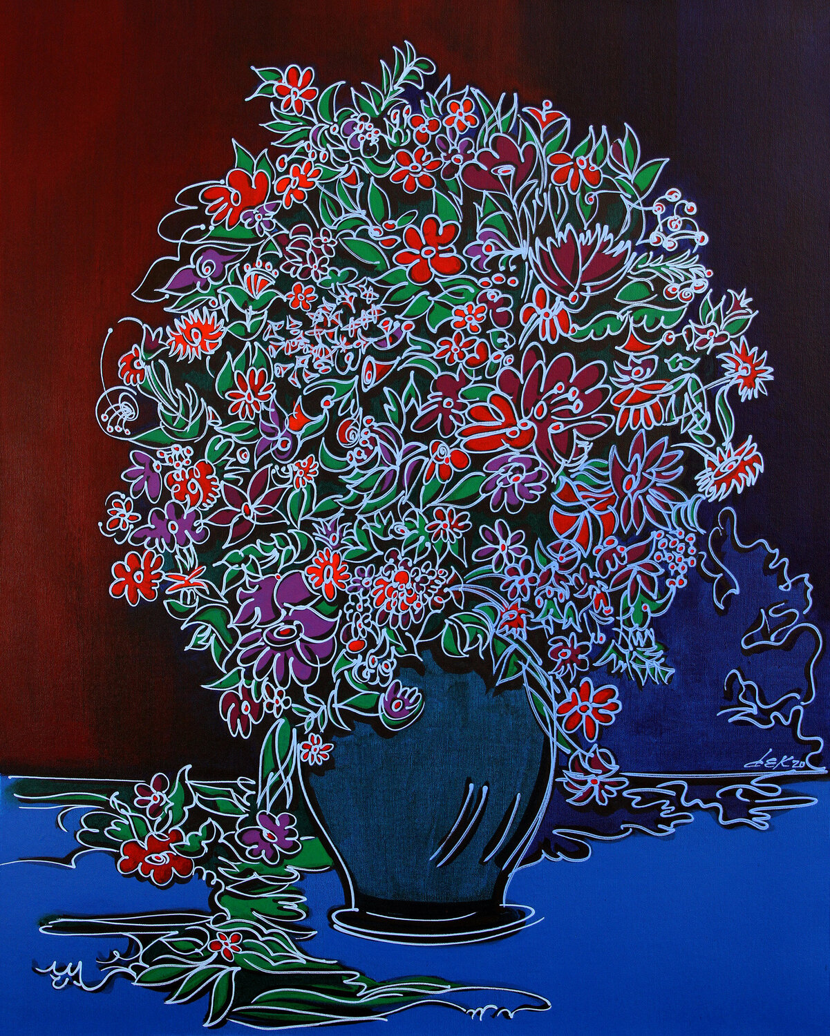 vase on blue table Dek