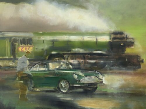 Rain, Steam, and Speed (Aston Martin DB4 and The Flying Scotsman) van Gregg Chadwick, Schilderij te koop op Singulart