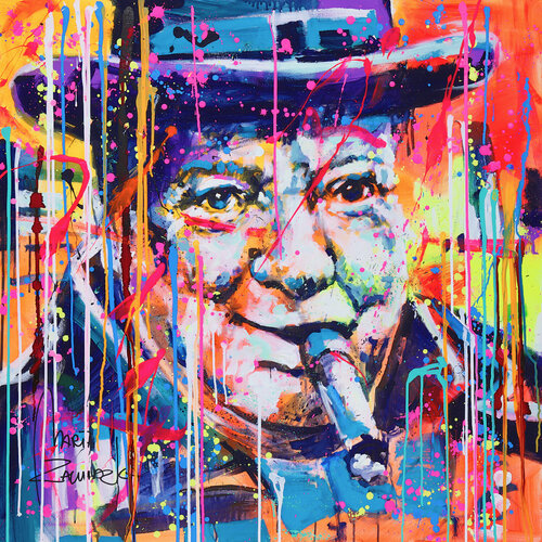 Winston Churchill with cigar di Marta Zawadzka, Pittura in vendita su Singulart
