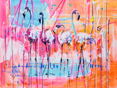 Colorful flamingos par Marta Zawadzka, Peinture en vente sur Singulart
